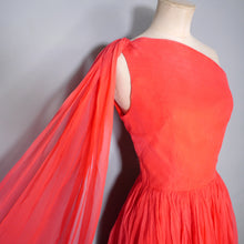 Load image into Gallery viewer, 50s 60s DELICATE RED CHIFFON ONE SHOULDER DRESS WITH SHOULDER DRAPE - XS-S