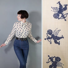 Load image into Gallery viewer, 70s BLUE WHITE CHERUB / CUPID NOVELTY PRINT SHIRT - S