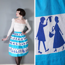 Load image into Gallery viewer, 50s ST MICHAEL NOVELTY SKIRT IN BLUE STRIPE PRINT WITH GREETING BOYS AND GIRLS - XS-S