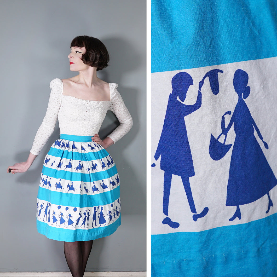 50s ST MICHAEL NOVELTY SKIRT IN BLUE STRIPE PRINT WITH GREETING BOYS AND GIRLS - XS-S