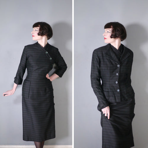 50s HEAVY WOOL BLACK BUTTON WIGGLE DRESS AND MATCHING JACKET - M-L