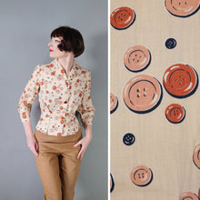 Load image into Gallery viewer, 40s 50s HANDMADE WHIMSICAL BUTTON NOVELTY PRINT FITTED SHIRT - S