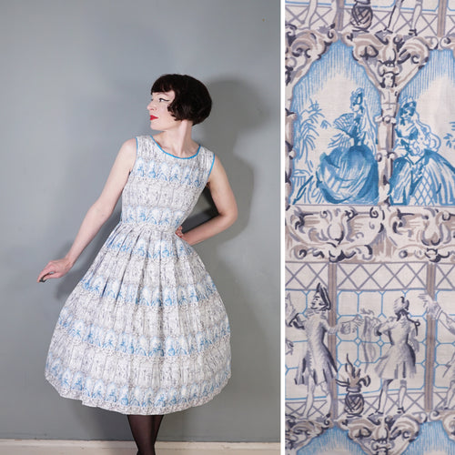 50s PALE BLUE NOVELTY DRESS IN ROMANTIC LADY AND COURTIER PRINT - XS-S