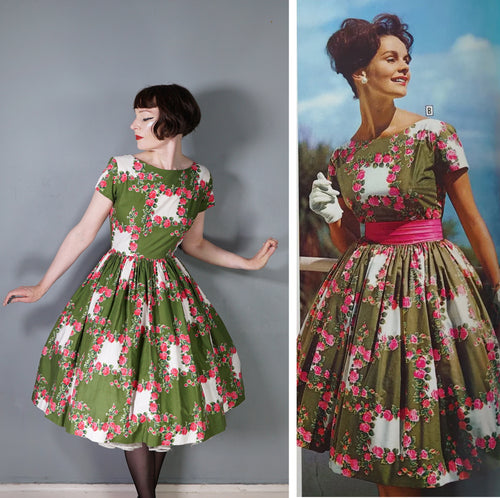 50s GREEN AND PINK ROSE PRINT FULL SKIRTED COTTON DAY DRESS - M