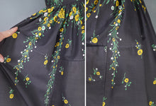 Load image into Gallery viewer, 50s VICTOR JOSSELYN GREY AND YELLOW FLORAL FULL SKIRTED COTTON DRESS - S