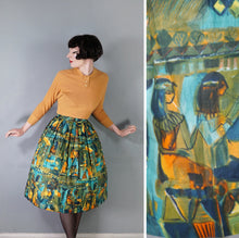 Load image into Gallery viewer, 50s GREEN PAINTERLY EGYPTIAN PRINT NOVELTY FULL SKIRT - 25&quot;