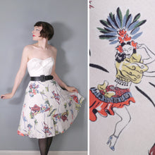 Load image into Gallery viewer, 50s MEXICAN NOVELTY DANCER AND SMOKER PRINT WHITE A-LINE SKIRT - 25-26&quot;