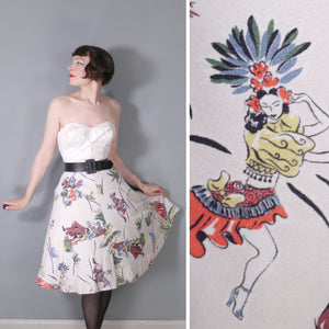 50s MEXICAN NOVELTY DANCER AND SMOKER PRINT WHITE A-LINE SKIRT - 25-26"