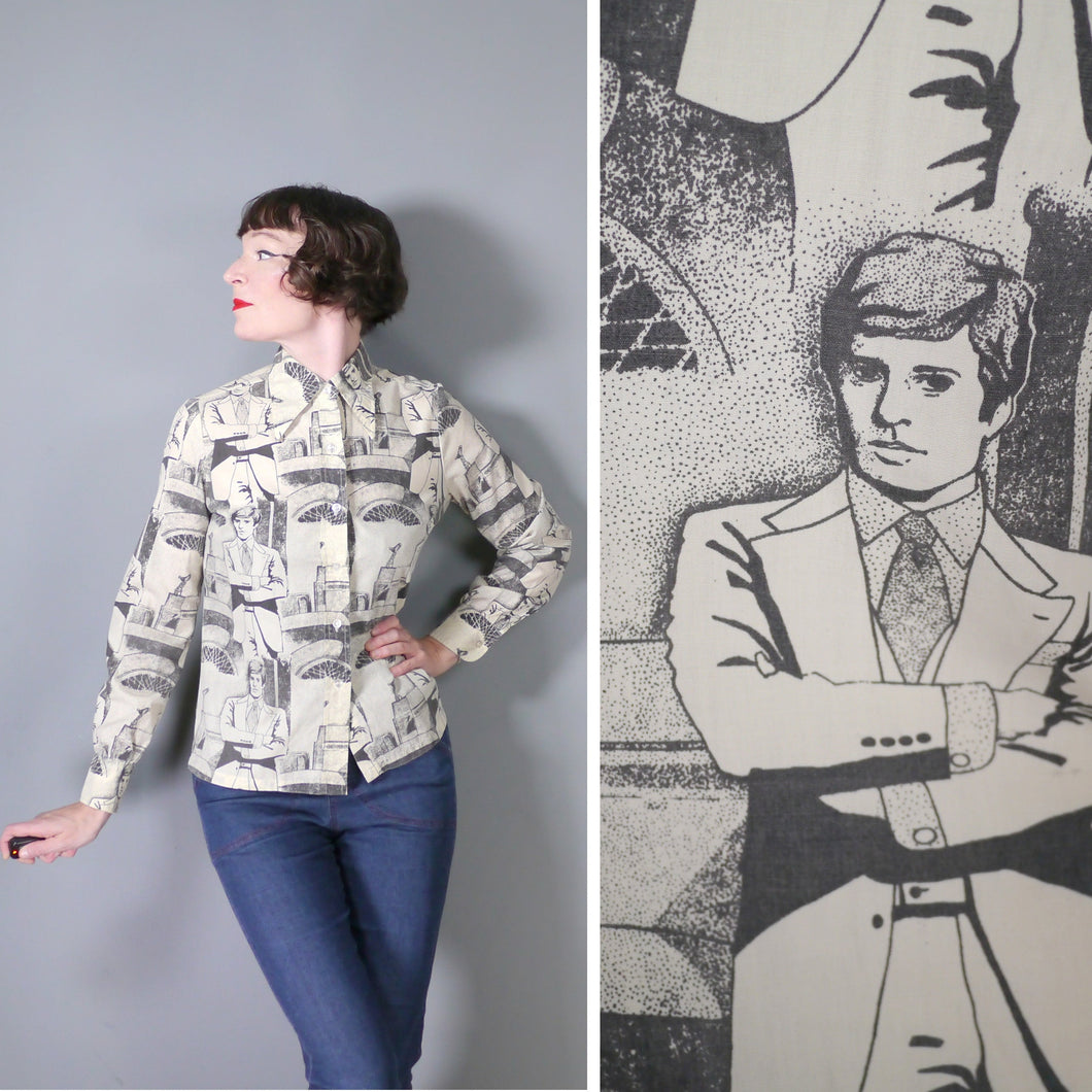 70s NOVELTY SHIRT IN SUITED MAN PRINT - M