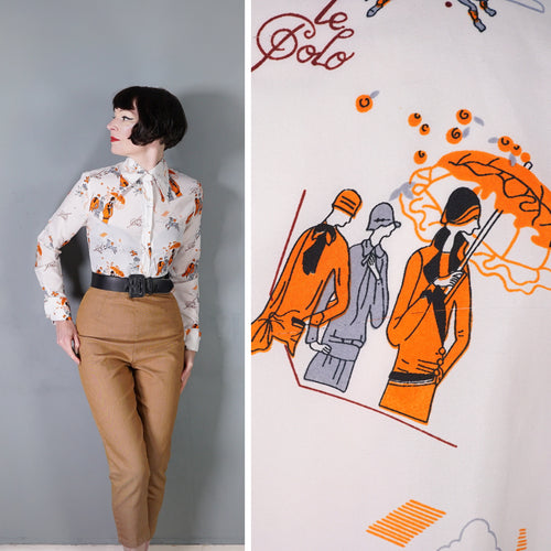 70s ART DECO STYLE FLAPPER LADIES POLO SPECTATORS NOVELTY SHIRT - S