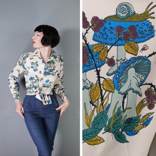 70s AUTUMNAL NOVELTY PRINT MUSHROOM AND SNAIL PRINT SHIRT - L