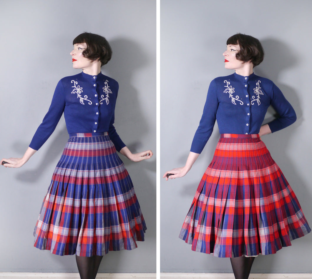 60s SLIMMA BLUE RED PLEATED REVERSIBLE WOOL SKIRT - 28