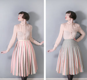 50s 60s GREY PINK AND CREAM REVERSIBLE PLEATED FULL SKIRT - 25"