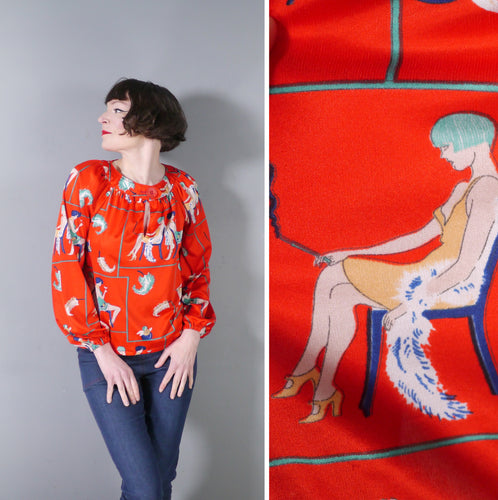 70s BRIGHT RED ART DECO FLAPPER LADY NOVELTY PRINT BLOUSE TOP - S-M