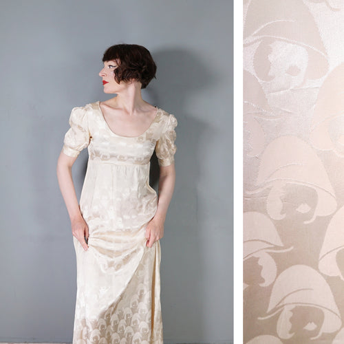 60s / 70s VIVIEN SMITH LADY FACE DAMASK FABRIC EMPIRE MAXI DRESS - XS
