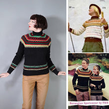 Load image into Gallery viewer, HANDKNITTED 60s FUZZY WOOL BLACK RED YELLOW AND GREE FAIRISLE JUMPER - S-M