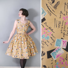 Load image into Gallery viewer, 50s NOVELTY PARIS POSTCARDS AND LETTER FULL SKIRT DAY DRESS - S