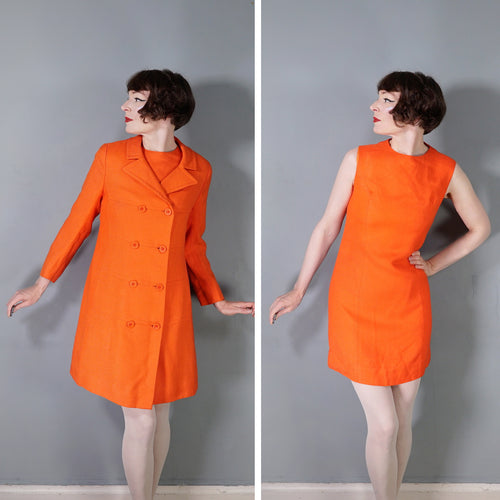 60s ELGEE ORANGE TWO PIECE SHIFT DRESS AND COAT IN VIVID ORANGE - S