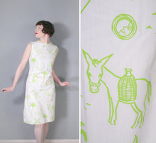 Load image into Gallery viewer, 60s 70s LIME GREEN VESTED GENTRESS NOVELTY DONKEY AND PALM TREES SHIFT DRESS - M