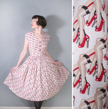 Load image into Gallery viewer, 50s STYLE NOVELTY 1973 JANE WEELEANS LEG AND HIGH HEELS PRINT FULL SKIRTED DRESS - M