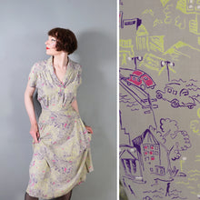 Load image into Gallery viewer, 40s PALE GREY-GREEN NOVELTY CITY STREET SCENE PRINT SILKY RAYON DRESS - L / VOLUP