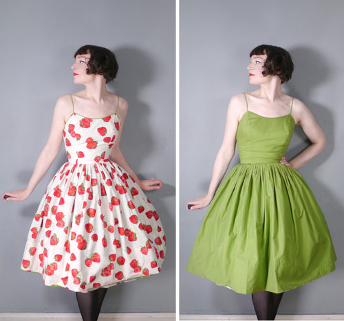 50s REVERSIBLE STRAWBERRY PRINT AND SOLID GREEN SUN DRESS - XS
