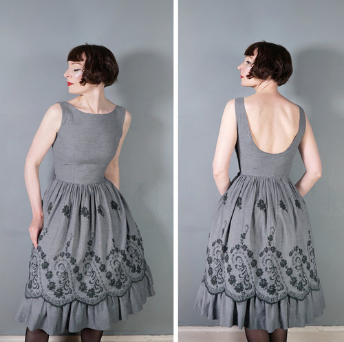 50s LIGHTWEIGHT TIERED EMBROIDERED GREY GINGHAM DRESS WITH DEEP SCOOP BACK - XS-S