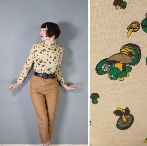 70s BEIGE ROLL NECK JERSEY TOP WITH MUSHROOM NOVELTY PRINT - S-M