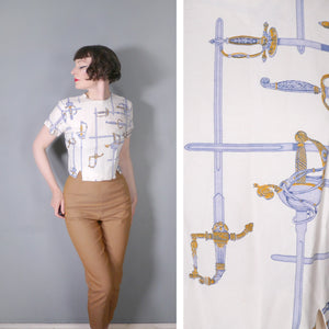 50s CROPPED NOVELY SWORD / RAPIER PRINT TOP / BLOUSE - M