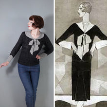 Load image into Gallery viewer, HANDKNITTED 20s style SCHIAPARELLI TROMP L'OEIL CRAVAT JUMPER IN CHARCOAL WOOL - S