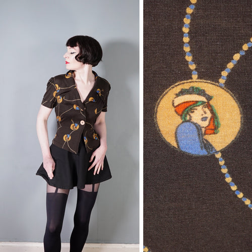 70s BROWN ART DECO LADY AMULET PRINT PUFF SLEEVE SHIRT - L