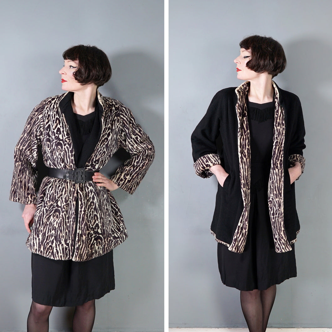 50s REVERSIBLE LEOPARD PRINT AND BLACK SWING COAT - M