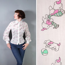 Load image into Gallery viewer, 60s 70s PUPPY DOG NOVELTY PRINT BISHOP SLEEVE COTTON SHIRT - S-M