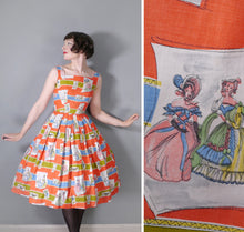 Load image into Gallery viewer, 50s RED NOVELTY BUTTERFLY AND VICTORIAN LADIES PRINT DRESS - XS