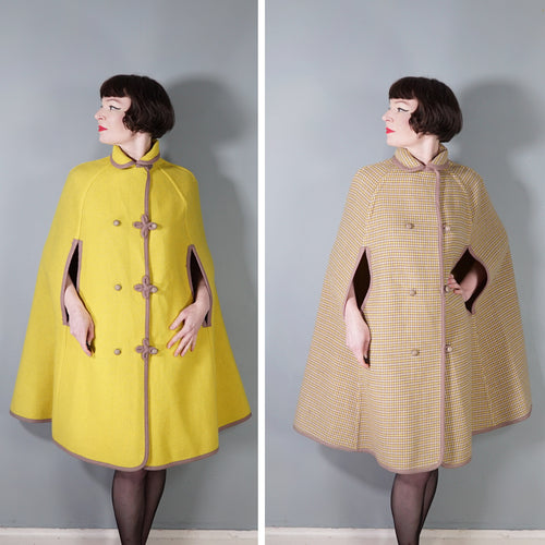 70s WETHERALL REVERSIBLE WOOL CAPE IN PLAID AND BOLD YELLOW - S-M