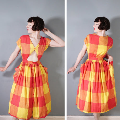 80s BRIGHT RED ORANGE AND YELLOW CHECK SUN DRESS WITH CUT OUT - S