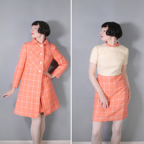 60s CORAL PINK AND CREAM SHIFT DRESS AND MATCHING MINI COAT SET - XS-S