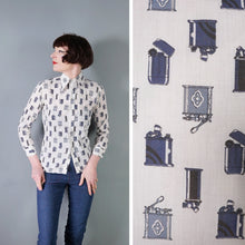 Load image into Gallery viewer, 70s SMOKING / LIGHTER PRINT NOVELTY BLUE WHITE SHIRT - XS