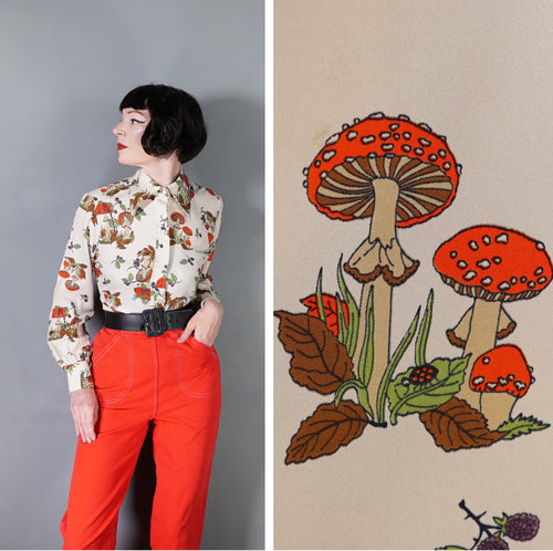 70s MUSHROOM / TOADSTOOL AND SNAIL PRINT NOVELTY AUTUMN SHIRT - L