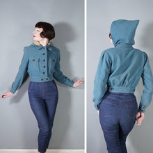 Load image into Gallery viewer, 40s style HAND TAILORED DUSKY BLUE CROPPED SKI JACKET WITH POINTY HOOD - S-M