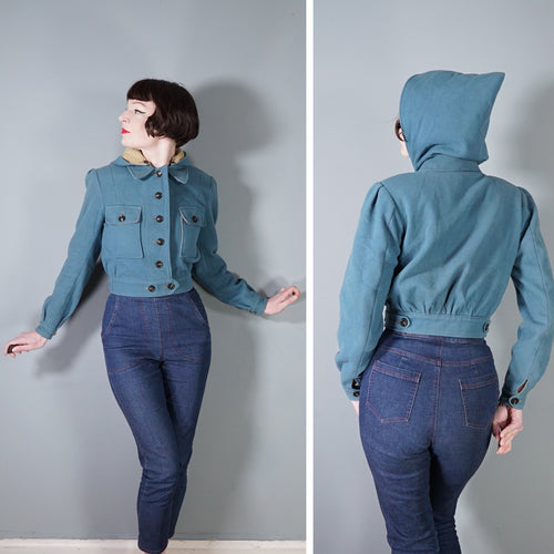 40s style HAND TAILORED DUSKY BLUE CROPPED SKI JACKET WITH POINTY HOOD - S-M