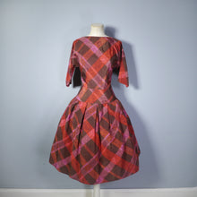 Load image into Gallery viewer, 50s 60s TOWN TEMPO DARK RED PAINTERLY CHECK DROP WAIST DRESS WITH FULL SKIRT - XS