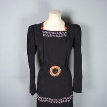 Load image into Gallery viewer, 30s 40s BLACK CREPE EVENING DRESS WITH BEADED PEPLUM AND LARGE BUCKLED BELT - M
