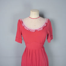 Load image into Gallery viewer, 40s RASPBERRY PINK CREPE TEA DRESS WITH LACE BIB - XS