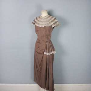 40s BROWN GROSGRAIN DRAPED DRESS WITH LACE AND MESH CONTRAST NECK - S