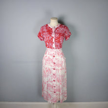 Load image into Gallery viewer, 40s RED WHITE NOVELTY DRESS AND BOLERO IN PARISIAN? CITY / STREET SCENE PRINT - S