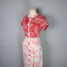 Load image into Gallery viewer, 40s RED WHITE NOVELTY DRESS AND BOLERO IN PARISIAN? CITY / STREET SCENE PRINT - S