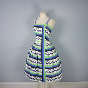 50s NOVELTY HORSE RIDER BLUE AND GREEN STRIPE 50S SUN DRESS - S