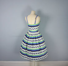 Load image into Gallery viewer, 50s NOVELTY HORSE RIDER BLUE AND GREEN STRIPE 50S SUN DRESS - S
