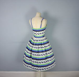 50s NOVELTY HORSE RIDER BLUE AND GREEN STRIPE 50S SUN DRESS - S